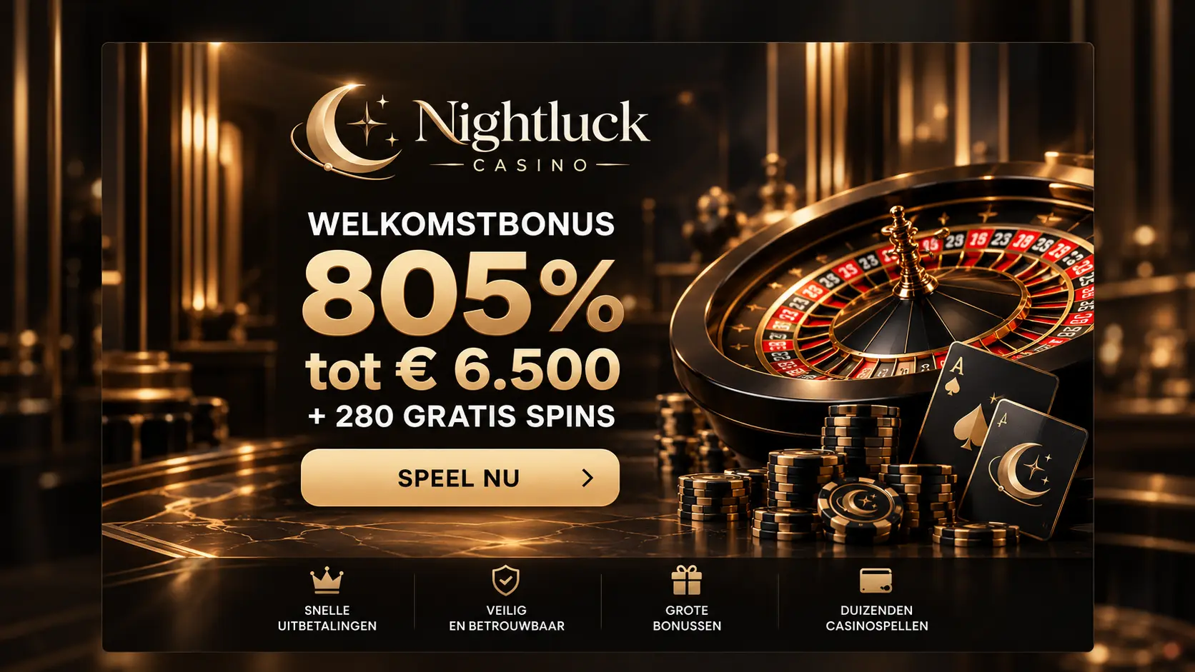 Nightluck Startbonus: 805% tot €6.500 + 280 Gratis Spins image 1